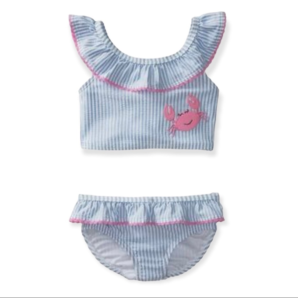 crown & ivy Girls Blue and Pink Seersucker Crab Bikini